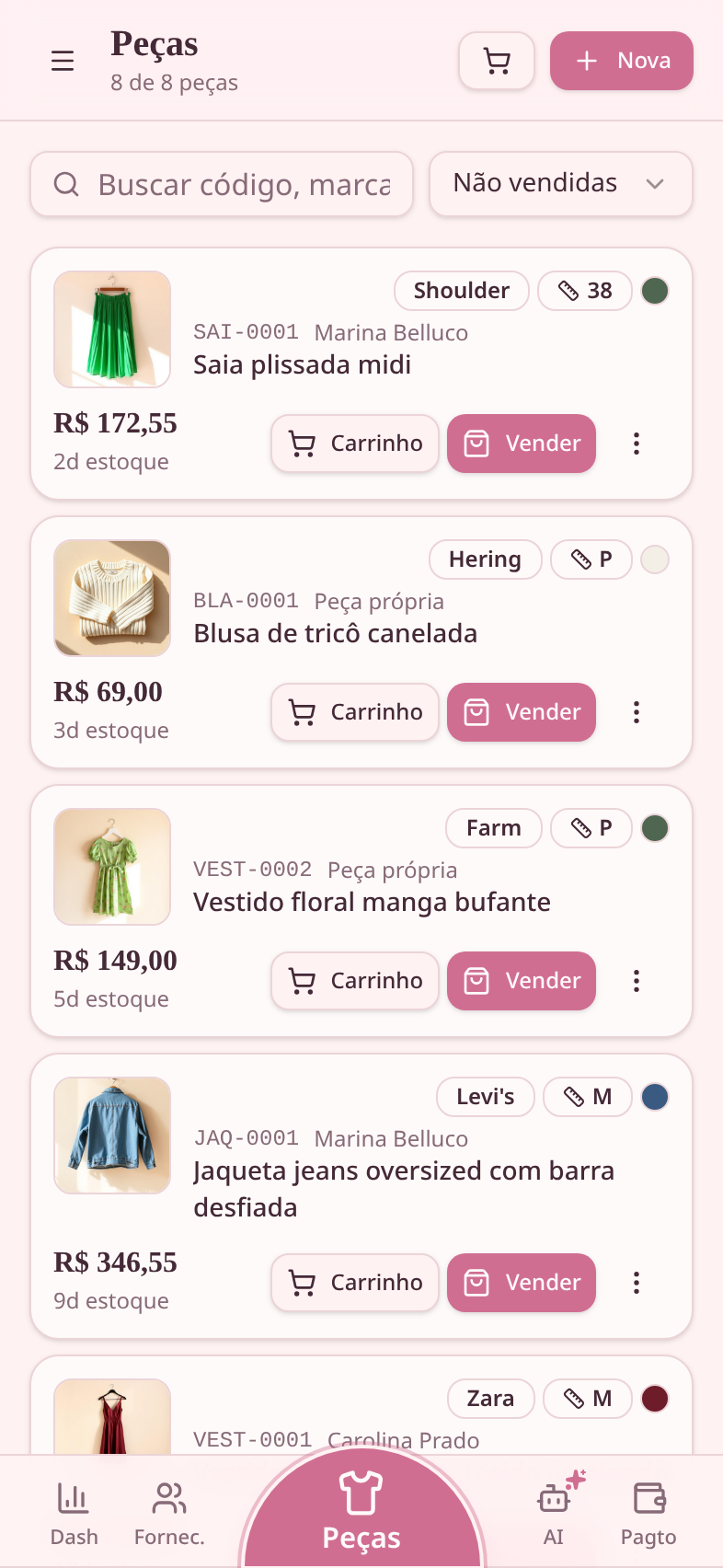 Lista de peças do estoque no Meu Brechó