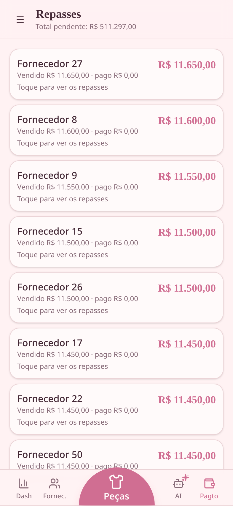 Tela de repasses com saldos por fornecedor